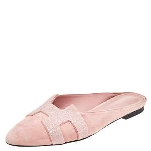 Hermés Pink Suede And Glitter Roxane Mule Flats Size 38.5