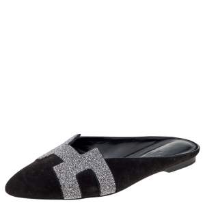 Hermes Black Suede And Glitter Roxane Mule Flats Size 39