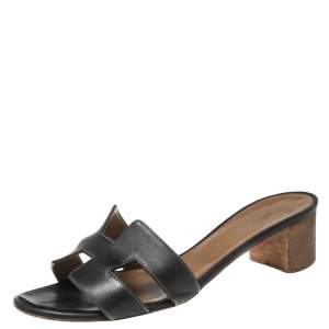 Pre Owned Hermes Black Leather Oasis Sandals 37