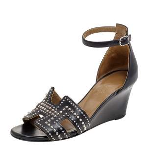 Hermes Black Leather Studded Legend Ankle Strap Wedge Sandals Size 36