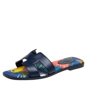 Hermes Navy Blue Leather Oran Flat Slide Sandals Size 37