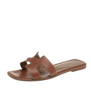 Hermes Brown Leather Oran Flats Size 37.5