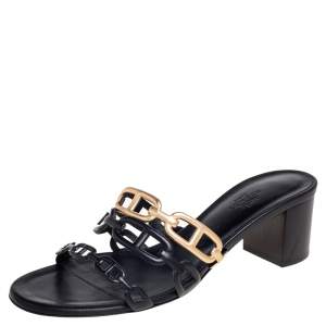 Pre Owned Hermés Black/Gold Leather Tandem Slide Sandals Size 38