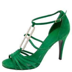 Hermès Green Suede Crystals Embellished T-Strap Open-Toe Sandals Size 38.5