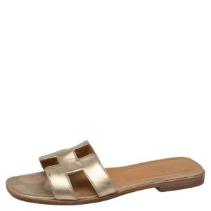 Hermes Gold Leather Oran Flat Slides Size 40
