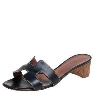 Hermes Black  Leather Oasis  Sandals Size 38.5