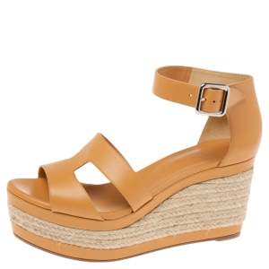 Hermés Light Orange Leather Ilana Espadrille Wedge Sandals Size 40