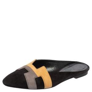 Hermes Black/Beige Suede Roxane Mules Size 37.5