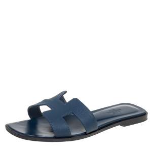 Hermes Navy Blue Leather Oran Flat Slides Size 37.5