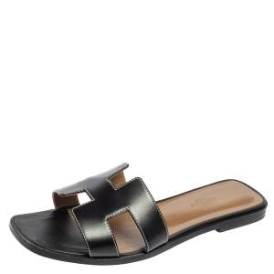 Hermes Black Leather Oran Flat Sandals Size 38
