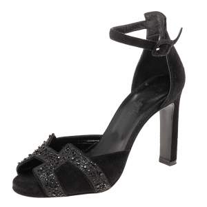 Hermes Black Suede And Crystal Embellished Premiere Ankle Strap Sandals Size 36.5