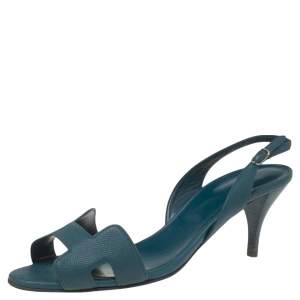 Hermes Teal Blue Leather Night Slingback Sandals Size 40