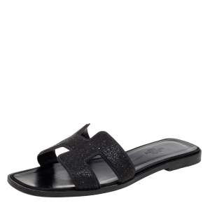Hermes Black Crystal Suede Oran Flat Slides Size 37 