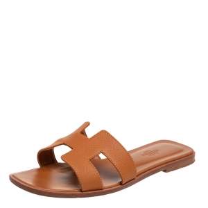 Hermes Tan Leather Oran Flat Slides Size 37.5