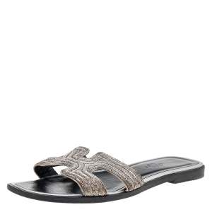 Hermes Silver Twisted Metal Thread Oran Flat Slides Size 36