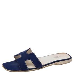 Hermes Blue Fabric Oran Flat Sandals 39