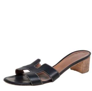 Hermes Black Leather Oasis Slide Sandals Size 40