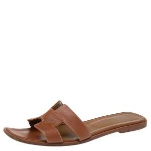 Hermes Brown Leather Oran Flat Slides Size 41.5
