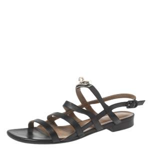 Hermes Black Leather Marine Strappy Flat Sandals Size 41