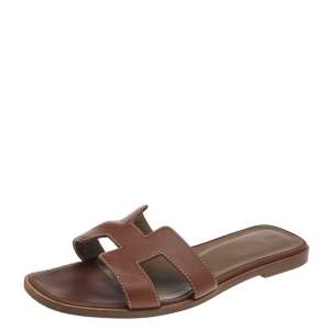 Hermes Brown Leather Oran Flat Sandals Size 38