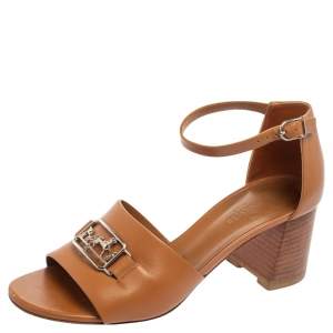 Hermes Tan Leather Viaggio Ankle-Strap Sandals Size 38