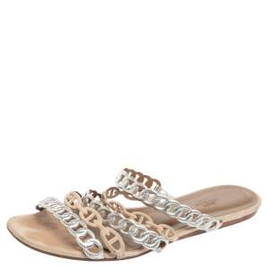 Hermes Beige/Silver Suede And Leather D'ancre Chaine Flat Sandals Size 41