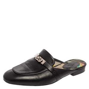Hermes Black Leather Palladium Plated Oz Mule Sandals Size 38