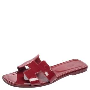 Hermes Burgundy Patent Leather Oran  Sandals Size 41
