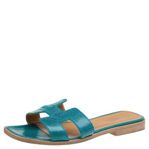 Hermes Blue Lizard Leather Oran Flat Slides Size 36