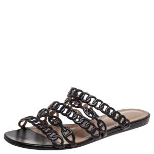 Hermes Black Leather Chain D'ancre  Flat Sandals Size 38