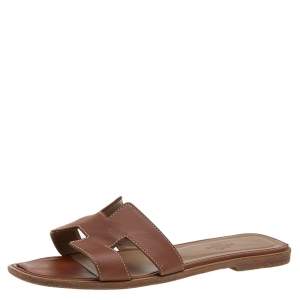 Hermes Brown Leather Oran Flat Sandals Size 38