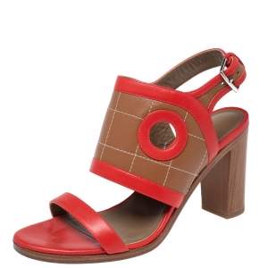 Hermes Red/Brown Leather Slingback Sandals Size 38