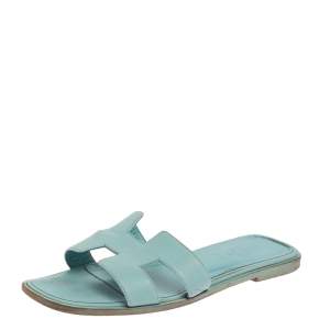 Hermes Sky Blue Leather Oran Sandals Size 37.5