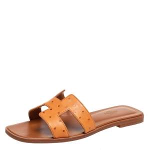 Hermes Brown Ostrich Leather Oran Flat Slides Size 37.5