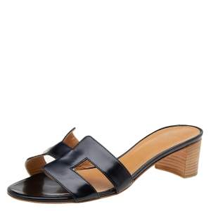 Hermès Black Leather Oasis Slide Sandals Size 39.5