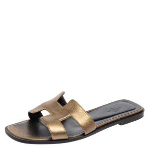 Hermes Gold Leather Oran Flat Sandals Size 38
