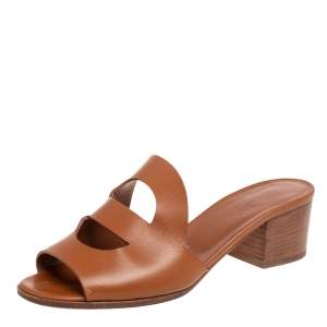 Hermes Brown Leather Mona Slide Sandals Size 38