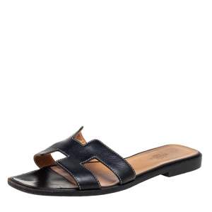Hermes Black  Leather Oran  Sandals Size 38.5