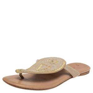 Hermes Beige/Brown Suede And Leather  Embroidered Flat Sandals Size 38.5