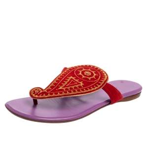 Hermes Red Suede Embroidered Motif Flat Thong Slides Size 38.5