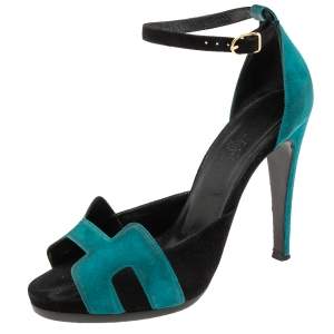 Hermes Teal/Black Suede Premiere Ankle-Strap Sandals Size 38.5