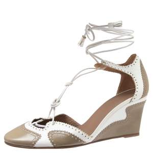 Hermes White/Olive Green Brogue Leather Lace-Tie Wedge Pumps Size 38