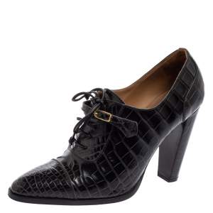 Hermes Black Croc Embossed Leather Lace-Up Oxford Ankle Booties Size 38.5