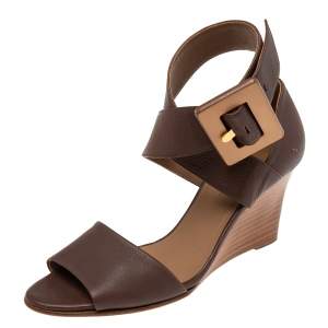 Hermes Brown Leather Wedge Ankle Strap Sandals Size 38.5