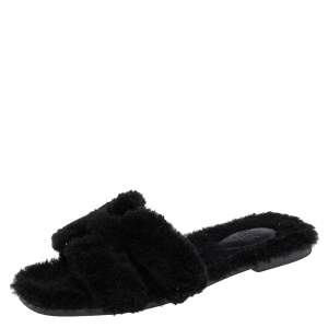Hermès Black Fur Oran Flat Sandals Size 38