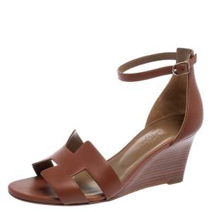 Hermes Brown Leather Legend Wedge Ankle-Strap Sandals Size 38.5
