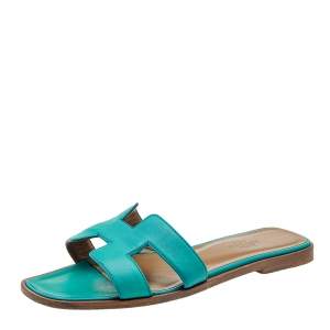 Hermès Teal Green Leather Oran Flats Size 36