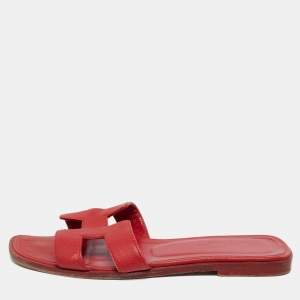 Hermes Red Leather Oran Flat Slides Size 36