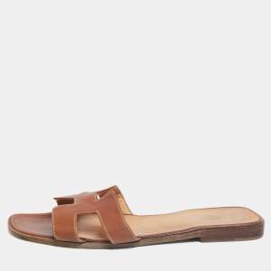 Hermes Brown Leather Oran Flat Sandals Size 41