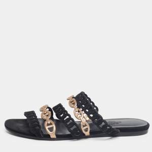 Hermès Black/Gold Suede And Leather  D'ancre Chaine Flat Sandals Size 36